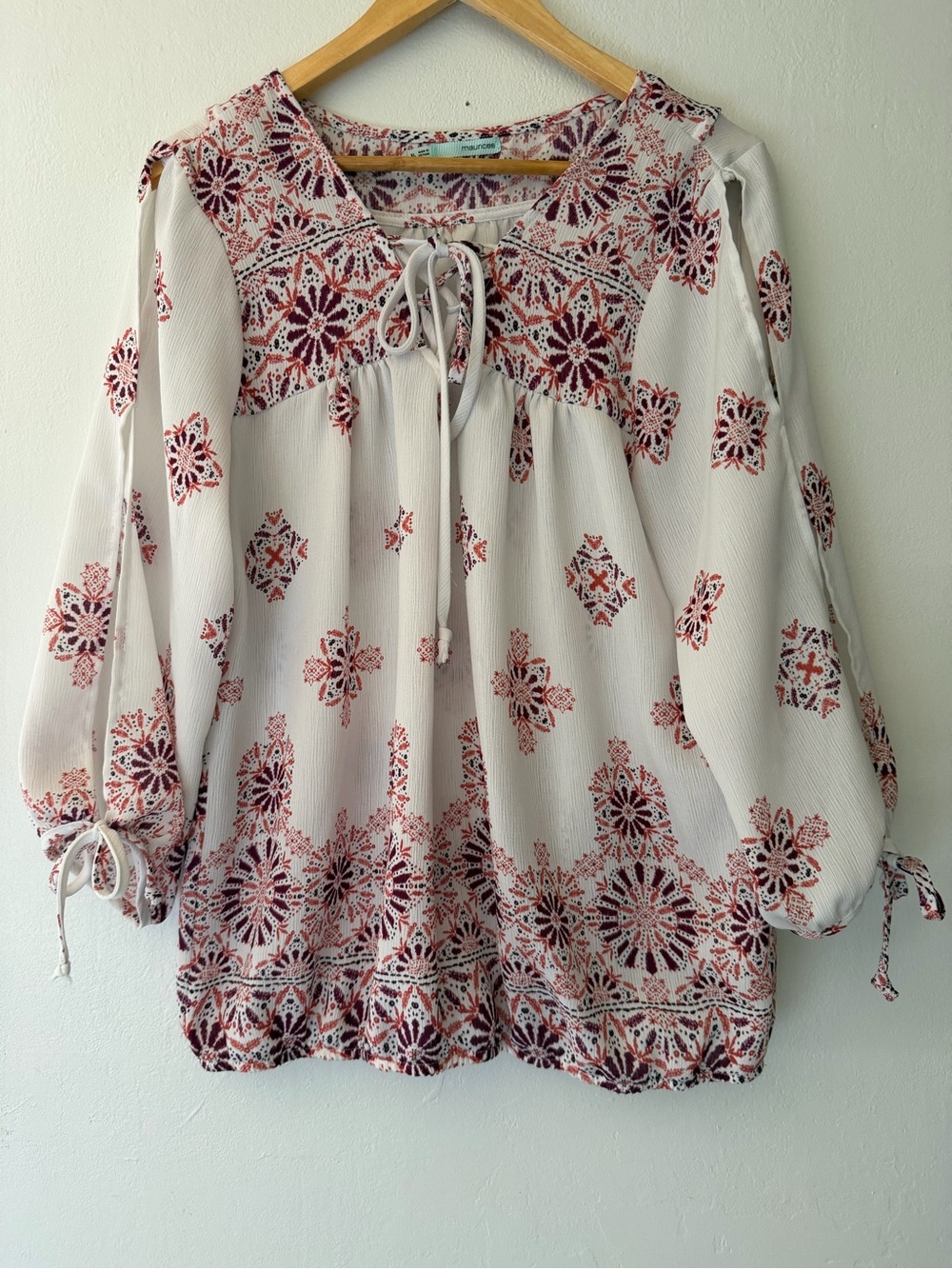 Maurices Womens XL Boho Blouse Medallion Print Lace Up Split Sleeve Tie Cuff - Picture 8 of 13